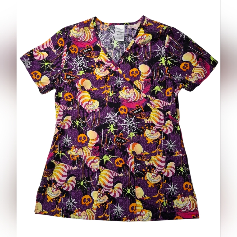 Disney Alice In Wonderland Cheshire Cat Halloween Spider Skull Scrub Top Size XS